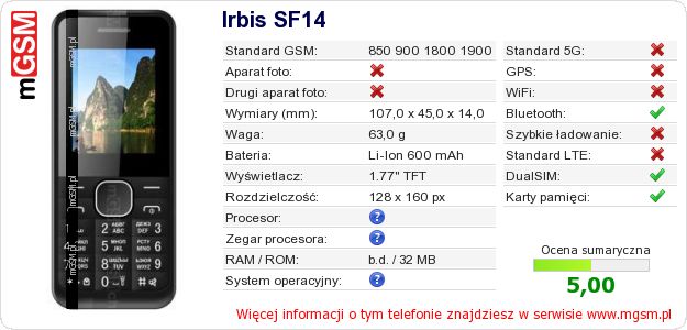 Dane telefonu Irbis SF14 Dane telefonu Irbis SF14