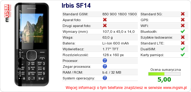 Dane telefonu Irbis SF14