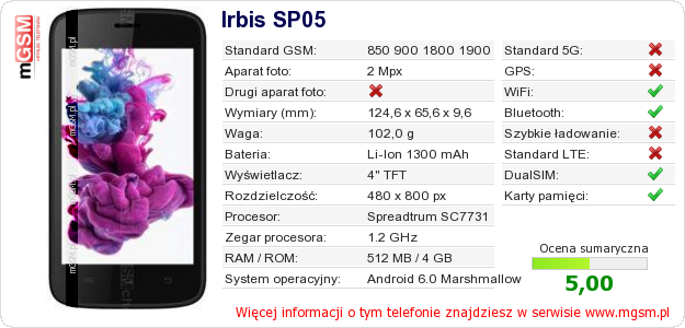 Dane telefonu Irbis SP05