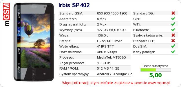 Dane telefonu Irbis SP402 Dane telefonu Irbis SP402