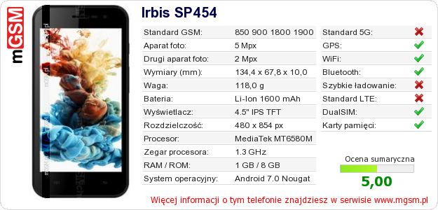 Dane telefonu Irbis SP454 Dane telefonu Irbis SP454