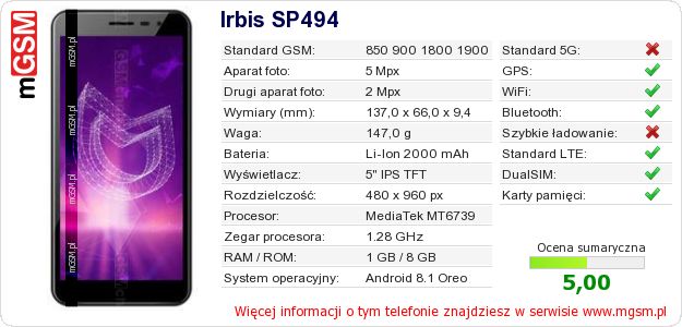 Dane telefonu Irbis SP494