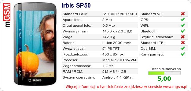Dane telefonu Irbis SP50