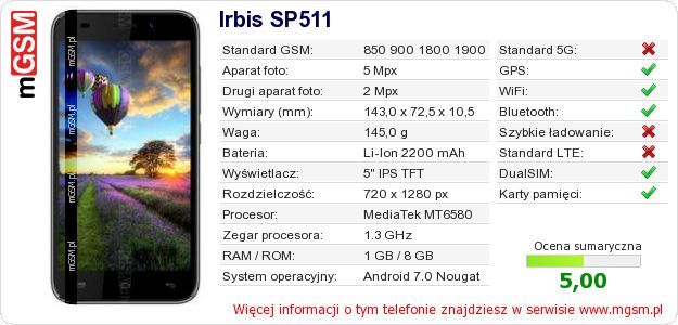 Dane telefonu Irbis SP511 Dane telefonu Irbis SP511
