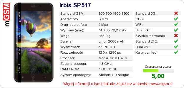 Dane telefonu Irbis SP517