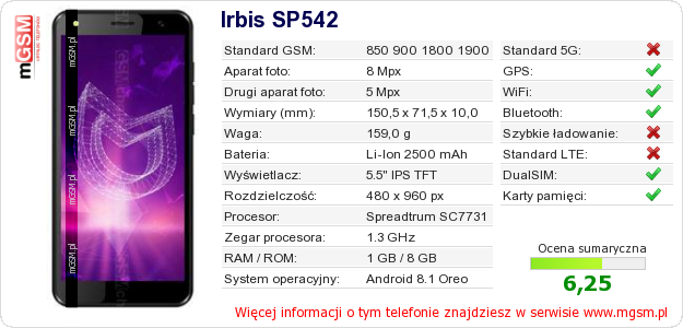 Dane telefonu Irbis SP542