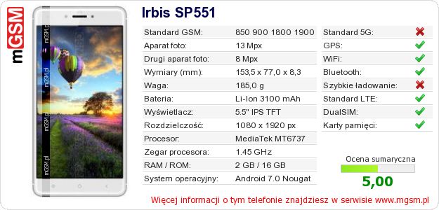 Dane telefonu Irbis SP551