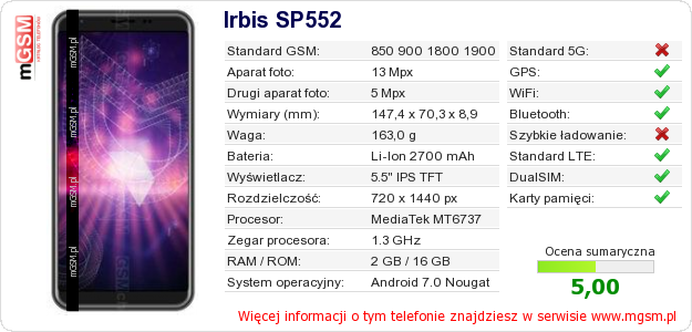 Dane telefonu Irbis SP552