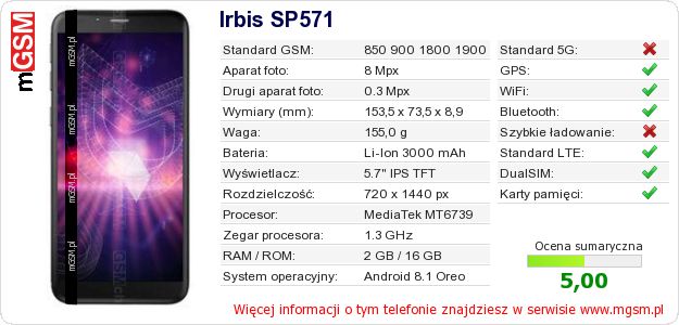 Dane telefonu Irbis SP571 Dane telefonu Irbis SP571