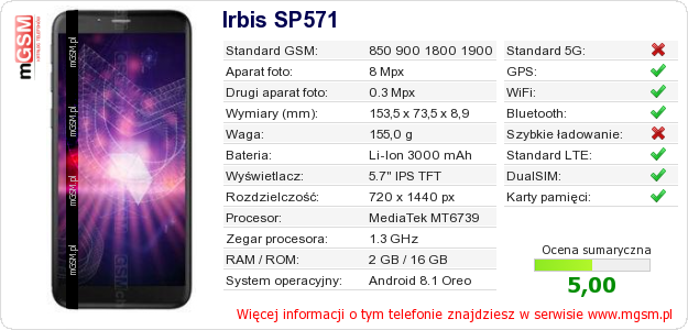 Dane telefonu Irbis SP571 Dane telefonu Irbis SP571