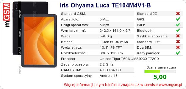 Dane telefonu Iris Ohyama Luca TE104M4V1-B Dane telefonu Iris Ohyama Luca TE104M4V1-B