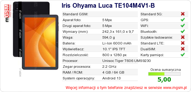 Dane telefonu Iris Ohyama Luca TE104M4V1-B