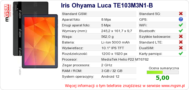 Dane telefonu Iris Ohyama Luca TE103M3N1-B