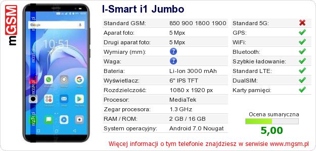 Dane telefonu I-Smart i1 Jumbo