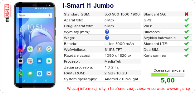 Dane telefonu I-Smart i1 Jumbo Dane telefonu I-Smart i1 Jumbo