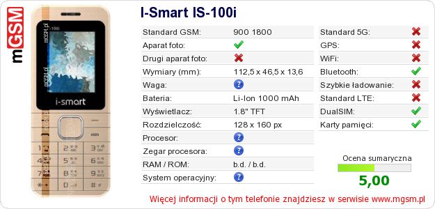 Dane telefonu I-Smart IS-100i