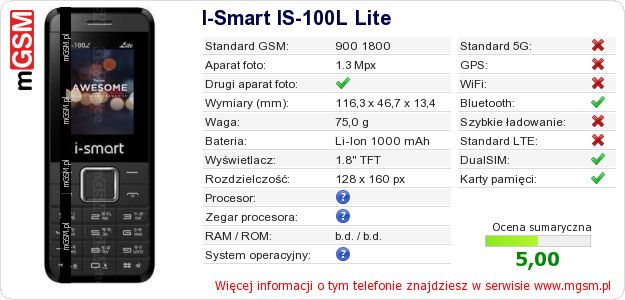 Dane telefonu I-Smart IS-100L Lite