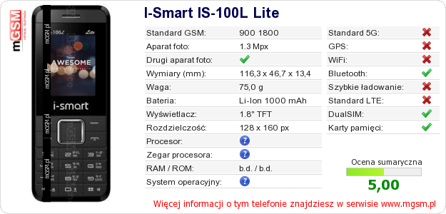 Dane telefonu I-Smart IS-100L Lite