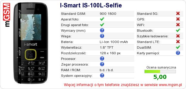 Dane telefonu I-Smart IS-100L-Selfie