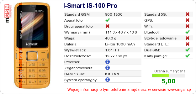 Dane telefonu I-Smart IS-100 Pro Dane telefonu I-Smart IS-100 Pro