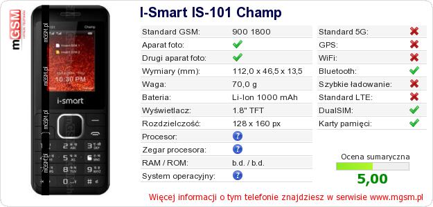 Dane telefonu I-Smart IS-101 Champ