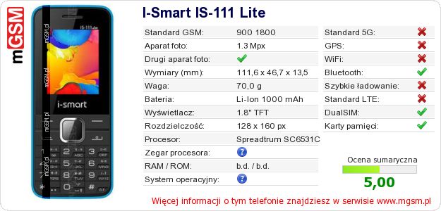 Dane telefonu I-Smart IS-111 Lite