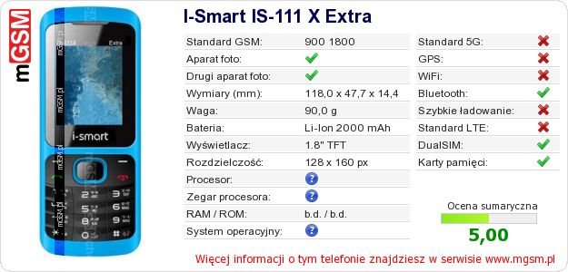 Dane telefonu I-Smart IS-111 X Extra Dane telefonu I-Smart IS-111 X Extra