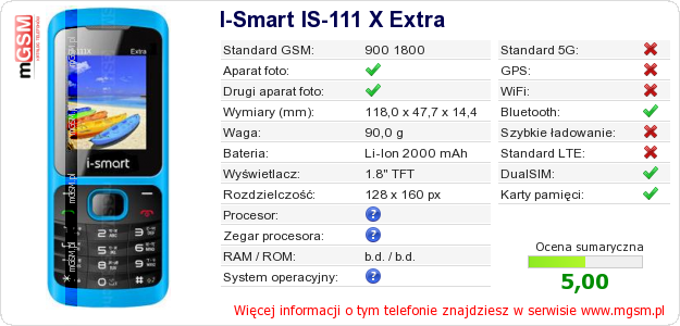 Dane telefonu I-Smart IS-111 X Extra Dane telefonu I-Smart IS-111 X Extra