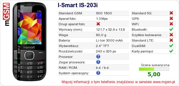 Dane telefonu I-Smart IS-203i
