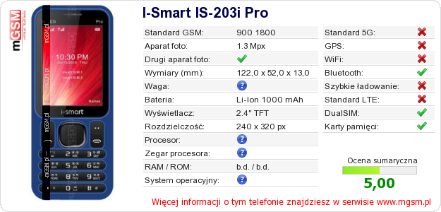 Dane telefonu I-Smart IS-203i Pro Dane telefonu I-Smart IS-203i Pro