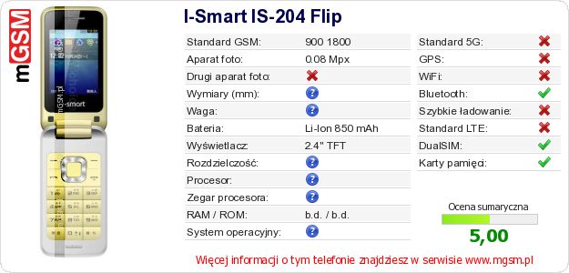 Dane telefonu I-Smart IS-204 Flip