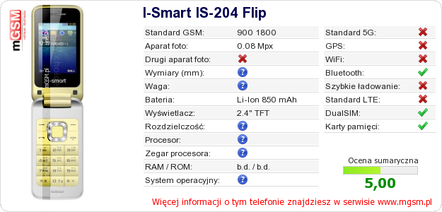 Dane telefonu I-Smart IS-204 Flip