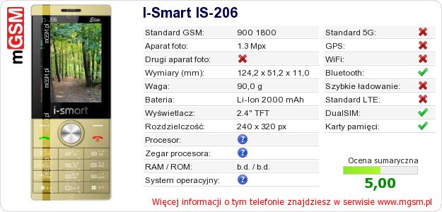 Dane telefonu I-Smart IS-206