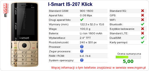 Dane telefonu I-Smart IS-207 Klick