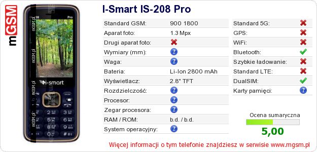 Dane telefonu I-Smart IS-208 Pro