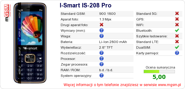 Dane telefonu I-Smart IS-208 Pro