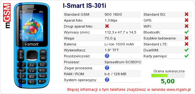 Dane telefonu I-Smart IS-301i