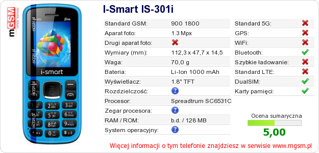 Dane telefonu I-Smart IS-301i