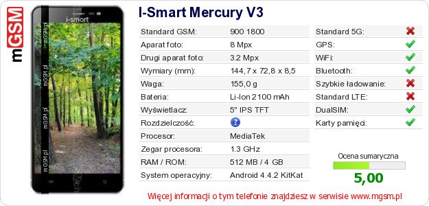 Dane telefonu I-Smart Mercury V3 Dane telefonu I-Smart Mercury V3