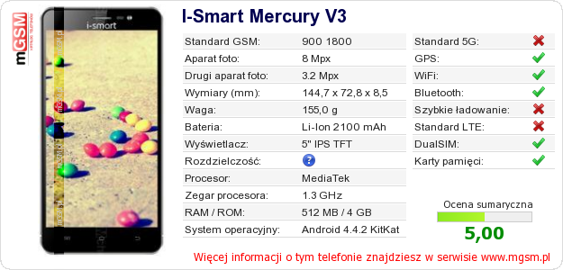Dane telefonu I-Smart Mercury V3