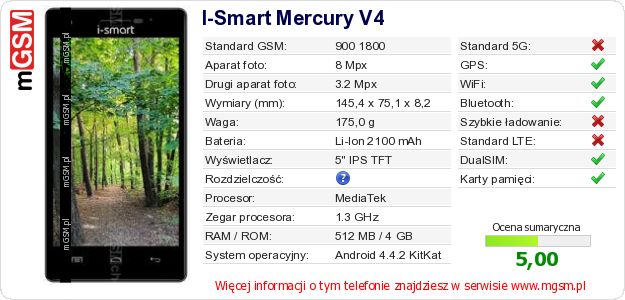 Dane telefonu I-Smart Mercury V4