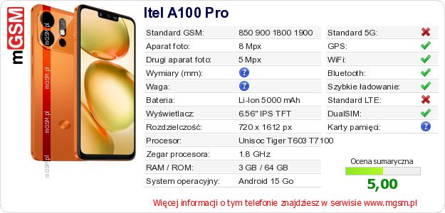 Dane telefonu Itel A100 Pro Dane telefonu Itel A100 Pro
