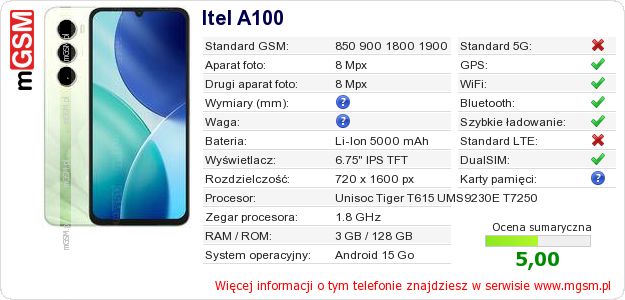 Dane telefonu Itel A100 Dane telefonu Itel A100