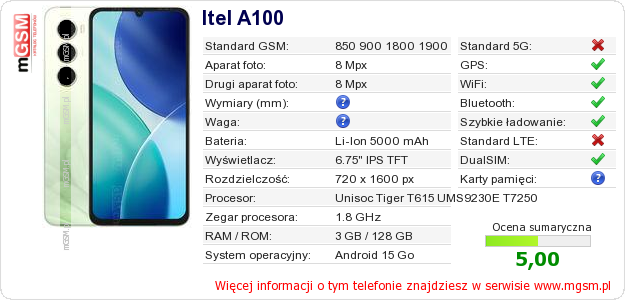 Dane telefonu Itel A100