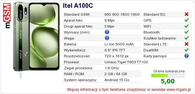 Dane telefonu Itel A100C