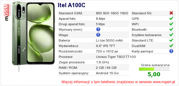 Dane telefonu Itel A100C