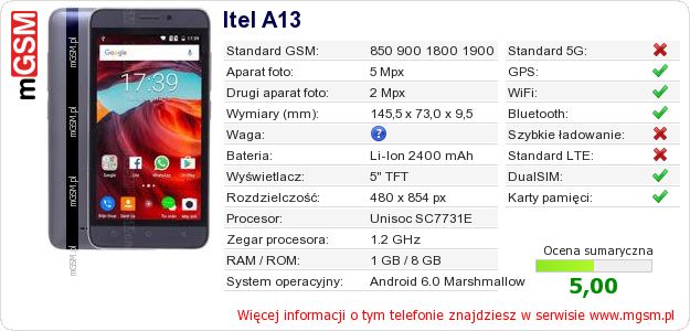 Dane telefonu Itel A13 Dane telefonu Itel A13