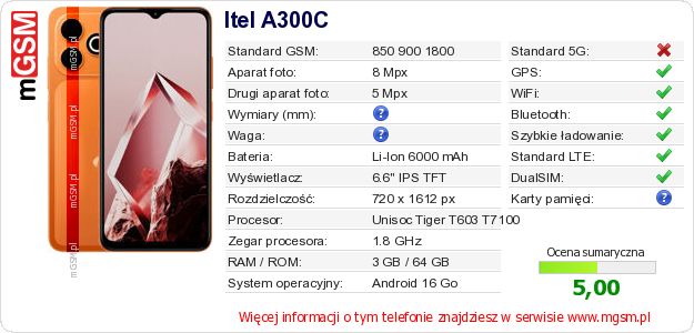 Dane telefonu Itel A300C Dane telefonu Itel A300C