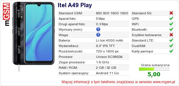 Dane telefonu Itel A49 Play Dane telefonu Itel A49 Play