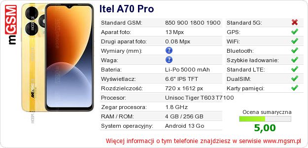 Dane telefonu Itel A70 Pro Dane telefonu Itel A70 Pro